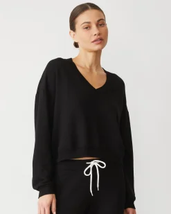 Softfleece|Sweatshirts*MONROW Softfleece Crop V Neck Sweatshirt BLACK