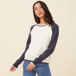 Soft Knit|Long Sleeve*MONROW Soft Knit Colorblock Raglan IVORY/BLUEBLACK