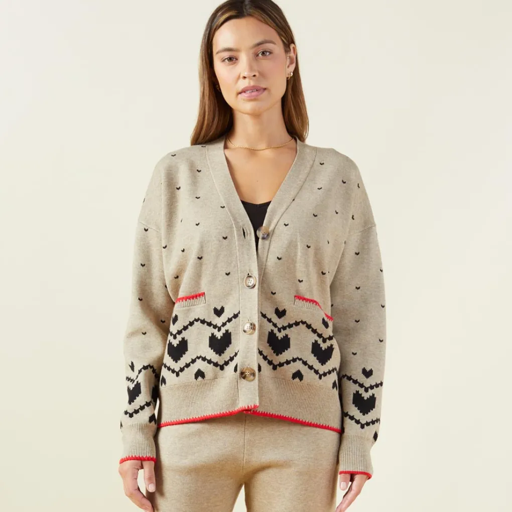 Soft Knit*MONROW Soft Knit Heart Fair Isle Cardigan OATMEAL