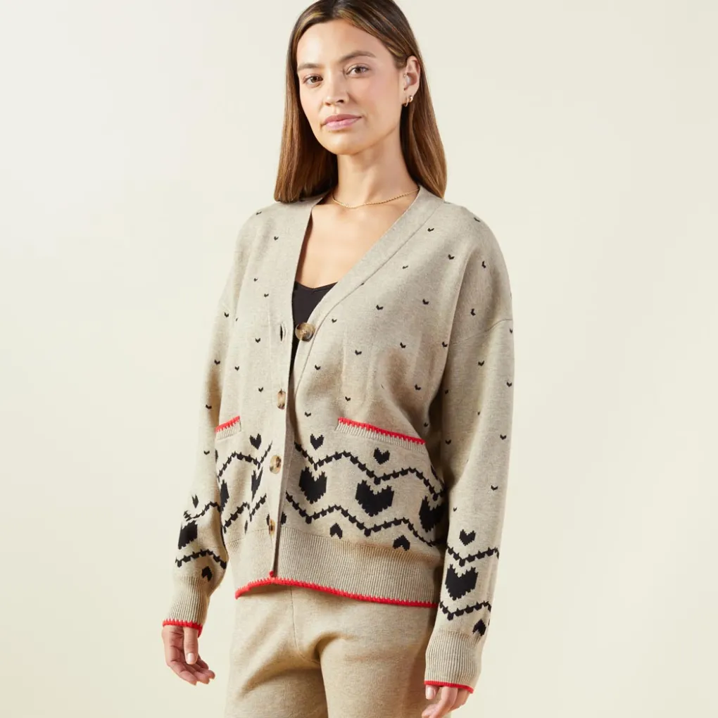 Soft Knit*MONROW Soft Knit Heart Fair Isle Cardigan OATMEAL