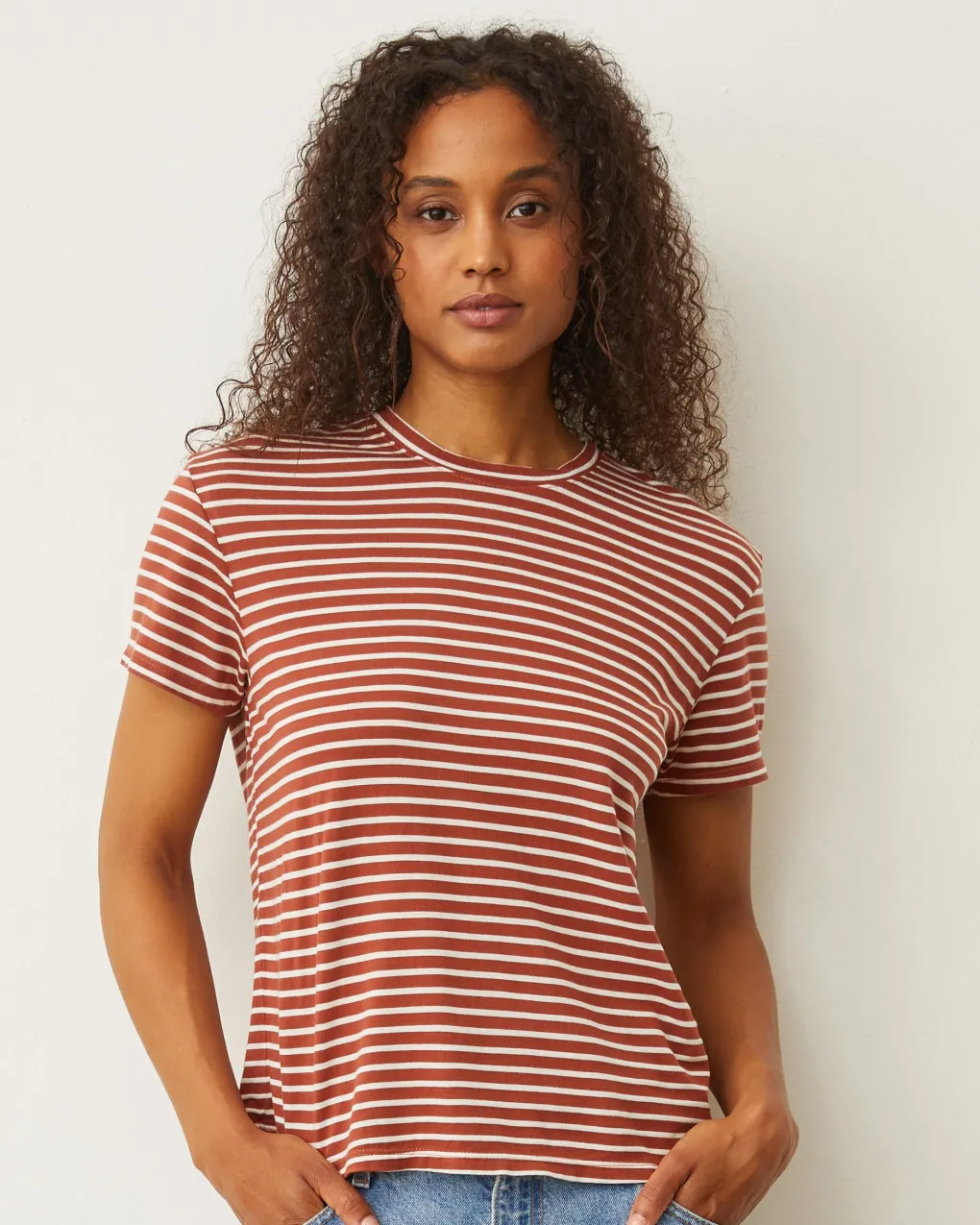 Tees*MONROW Stripe Basic Crew Neck Tee RUSTSTRIPE