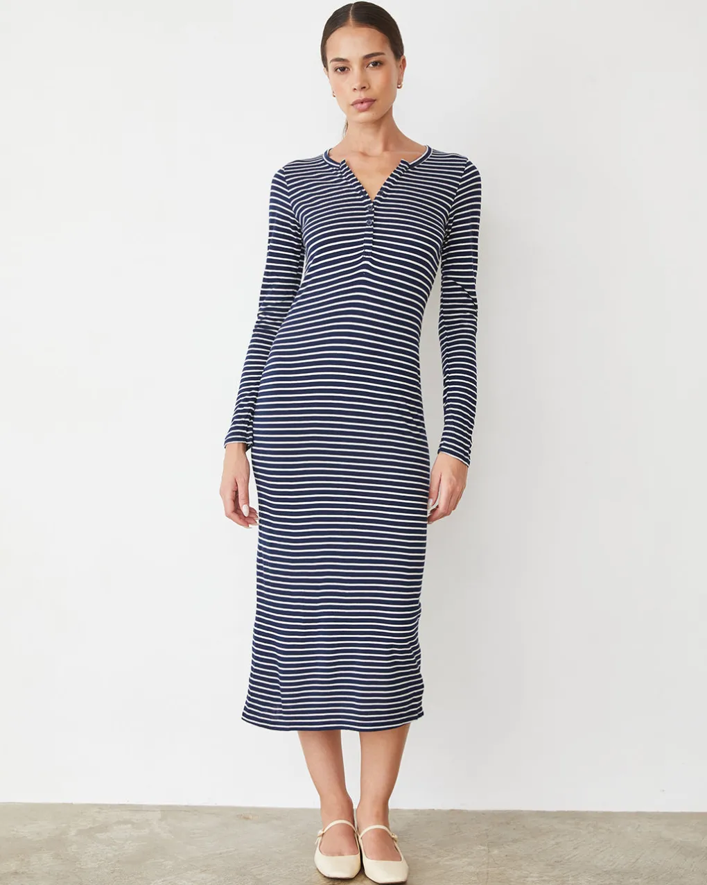 Travel Essentials|Dresses*MONROW Stripe Henley Dress NAVY/IVORY