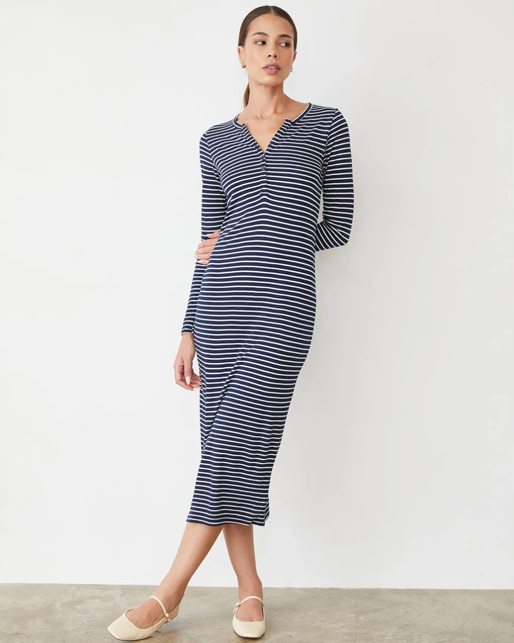 Travel Essentials|Dresses*MONROW Stripe Henley Dress NAVY/IVORY