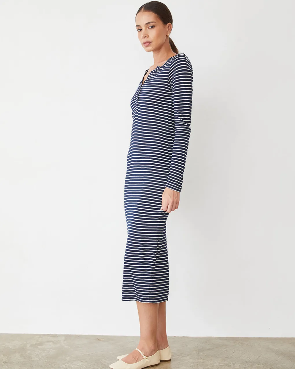 Travel Essentials|Dresses*MONROW Stripe Henley Dress NAVY/IVORY