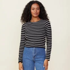 Long Sleeve*MONROW Stripe Long Sleeve Crew BLACK/NATURAL