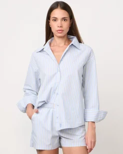 Poplin|Long Sleeve*MONROW Stripe Poplin Oversized Shirt BLUE/YELLOWSTRIPES