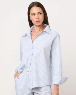 Poplin|Long Sleeve*MONROW Stripe Poplin Oversized Shirt BLUE/YELLOWSTRIPES