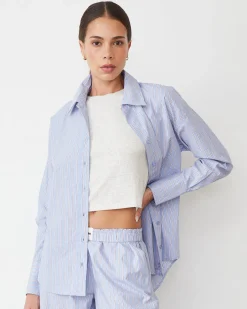 Poplin|Sets*MONROW Stripe Poplin Oversized Shirt BLUEMAROONSTRIPE