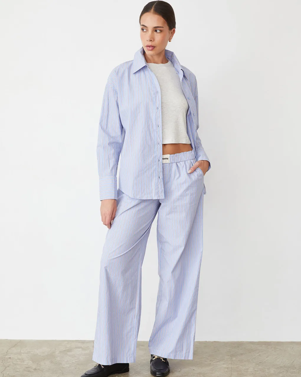 Poplin|Sets*MONROW Stripe Poplin Oversized Shirt BLUEMAROONSTRIPE