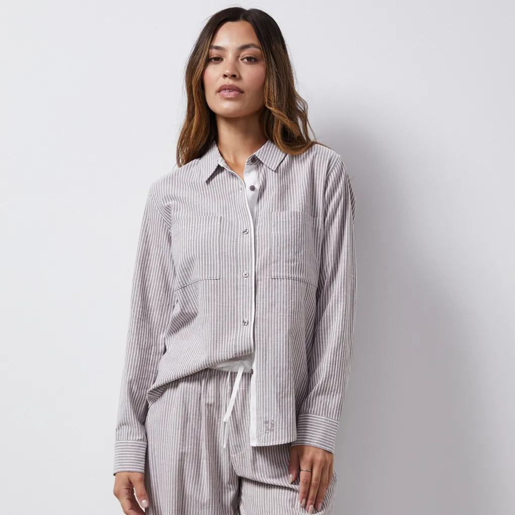 Poplin|Long Sleeve*MONROW Stripe Poplin Relaxed Shirt PECANSTRIPE