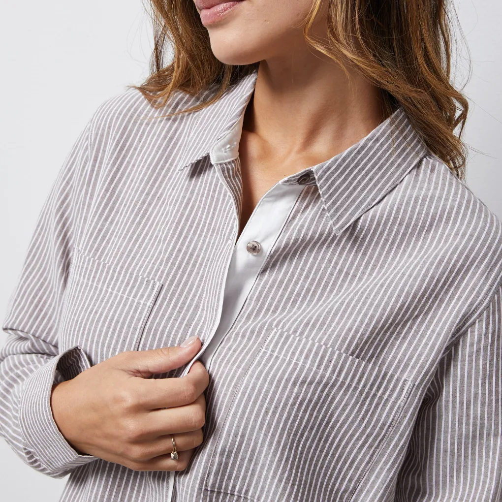 Poplin|Long Sleeve*MONROW Stripe Poplin Relaxed Shirt PECANSTRIPE