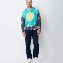 Men's Tops|Mens Sale*MONROW Sunburst Tie Dye Pullover Hoody YELLOW/TEAL/FADEDBLACK