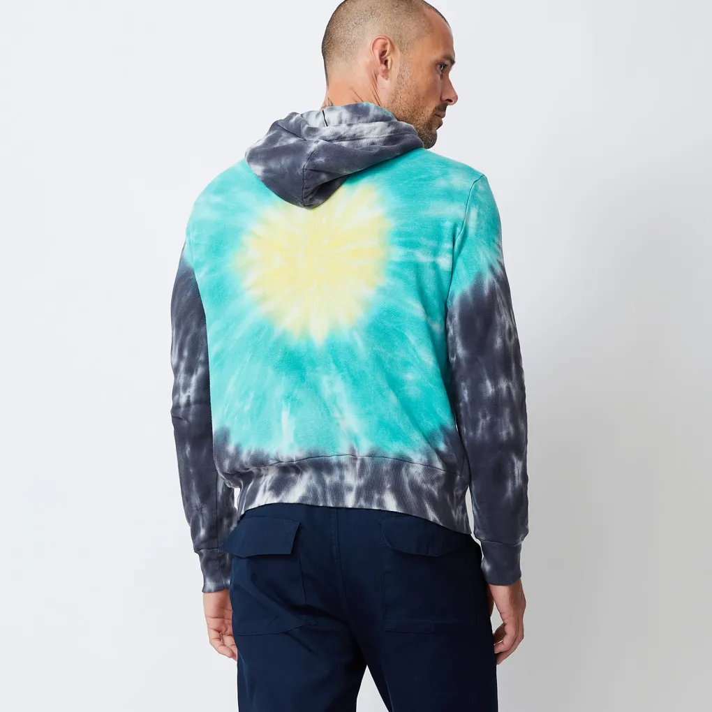 Men's Tops|Mens Sale*MONROW Sunburst Tie Dye Pullover Hoody YELLOW/TEAL/FADEDBLACK