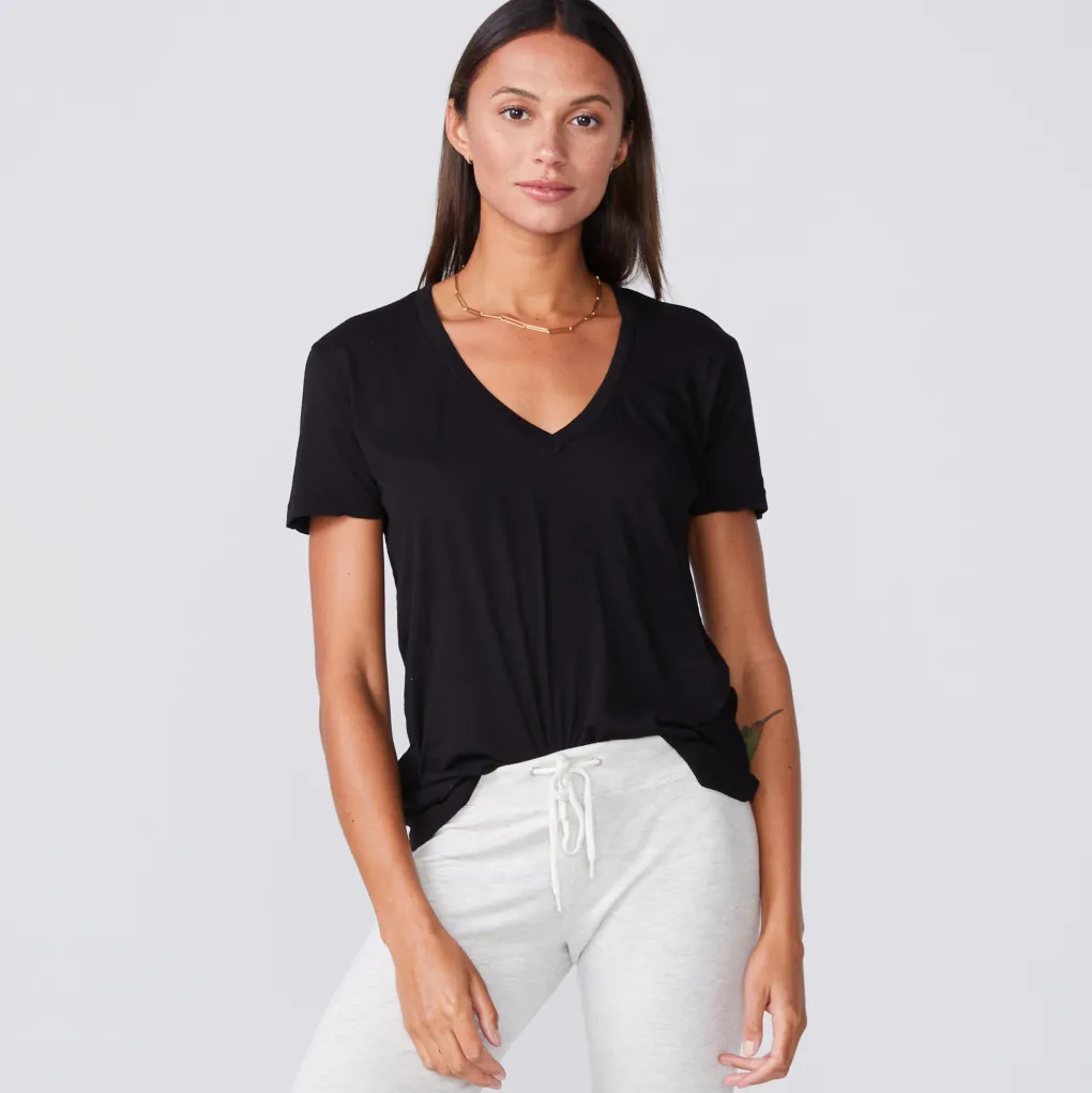 Tees*MONROW Super Fine Jersey Fitted V Neck Tee BLACK