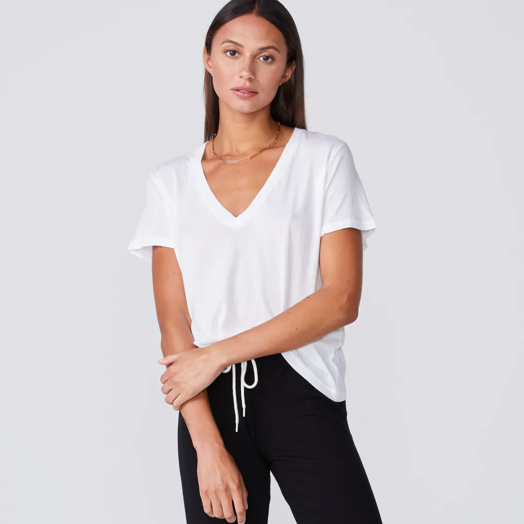 Tees*MONROW Super Fine Jersey Fitted V Neck Tee WHITE