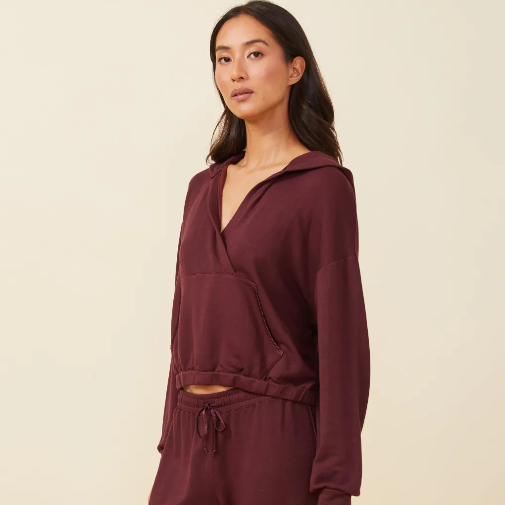 Hoodies*MONROW Supersoft Fleece V Hoody with Silky Piping MERLOT