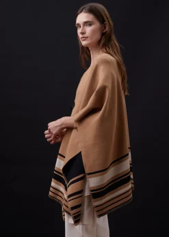 Sweaters*MONROW Supersoft Sweater Knit Reversible Stripe Poncho GOLDENBROWN