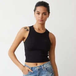 Tanks*MONROW Supimaluxe Rib Crop High Neck Tank BLACK