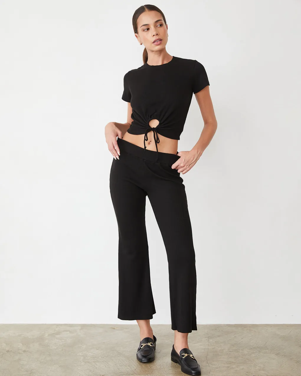 Sets|Pants*MONROW Tencel Rib Kick Flare BLACK