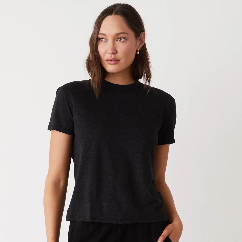 Tees*MONROW Textured Tri-Blend Basic Crew Neck Tee BLACK
