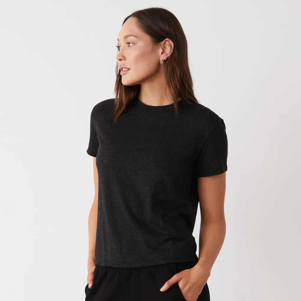 Tees*MONROW Textured Tri-Blend Basic Crew Neck Tee BLACK