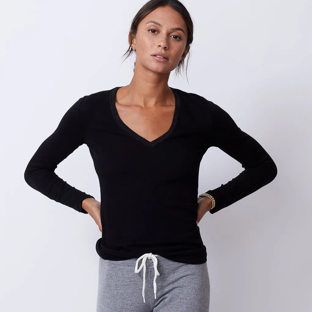 Long Sleeve|Tees*MONROW Textured Tri-Blend Fitted Long Sleeve V Neck Tee BLACK