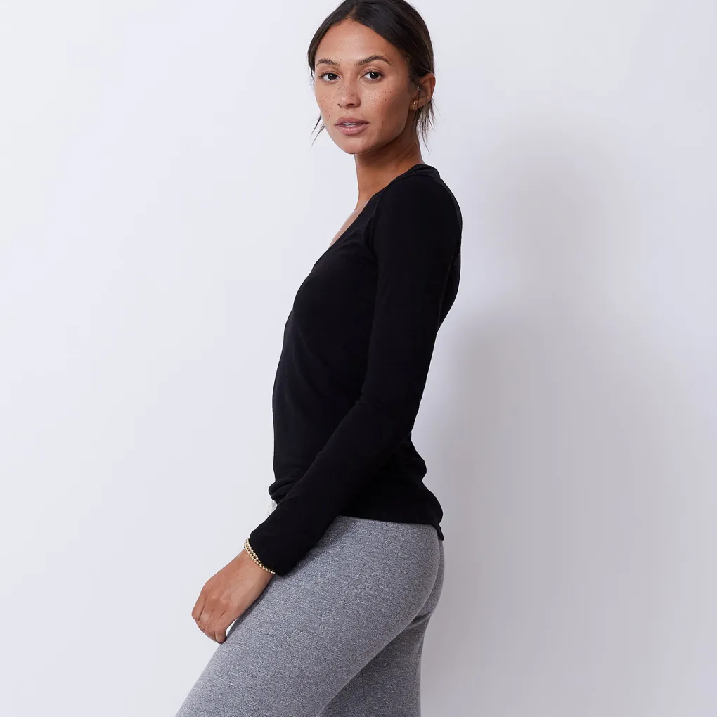 Long Sleeve|Tees*MONROW Textured Tri-Blend Fitted Long Sleeve V Neck Tee BLACK