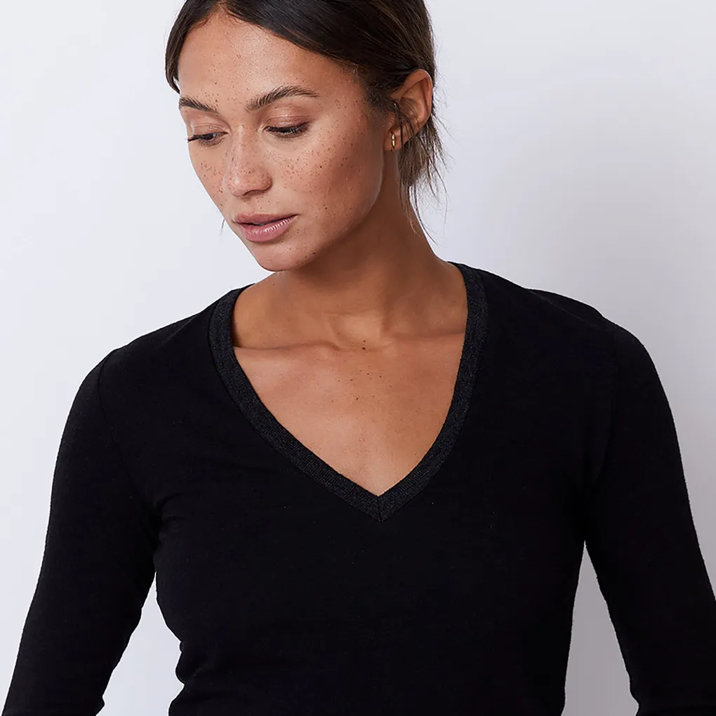 Long Sleeve|Tees*MONROW Textured Tri-Blend Fitted Long Sleeve V Neck Tee BLACK