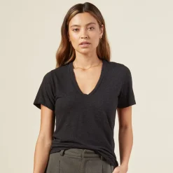 Tees*MONROW Texured Tri Blended Fitted V Neck Tee - BLACK