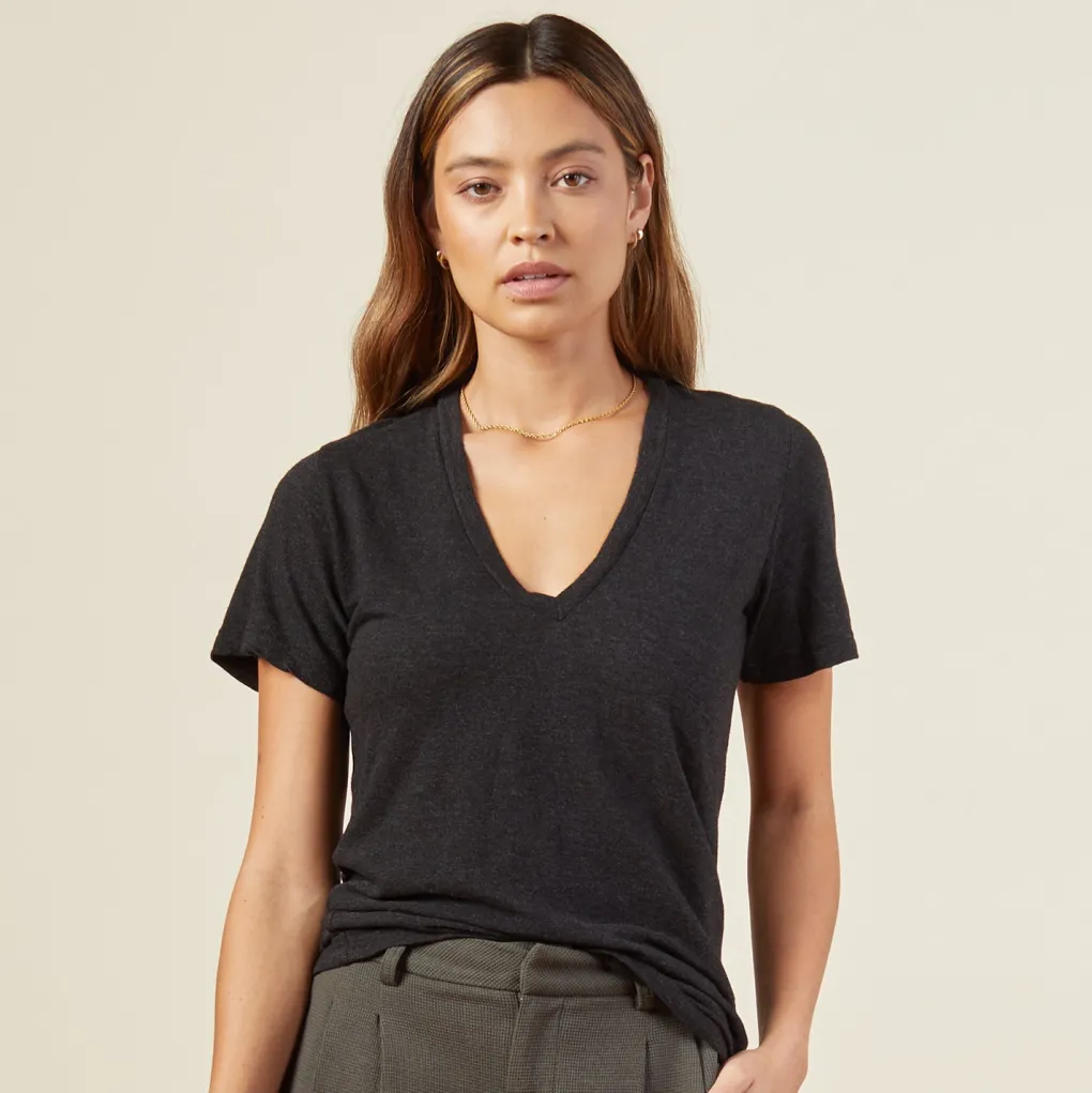 Tees*MONROW Texured Tri Blended Fitted V Neck Tee - BLACK