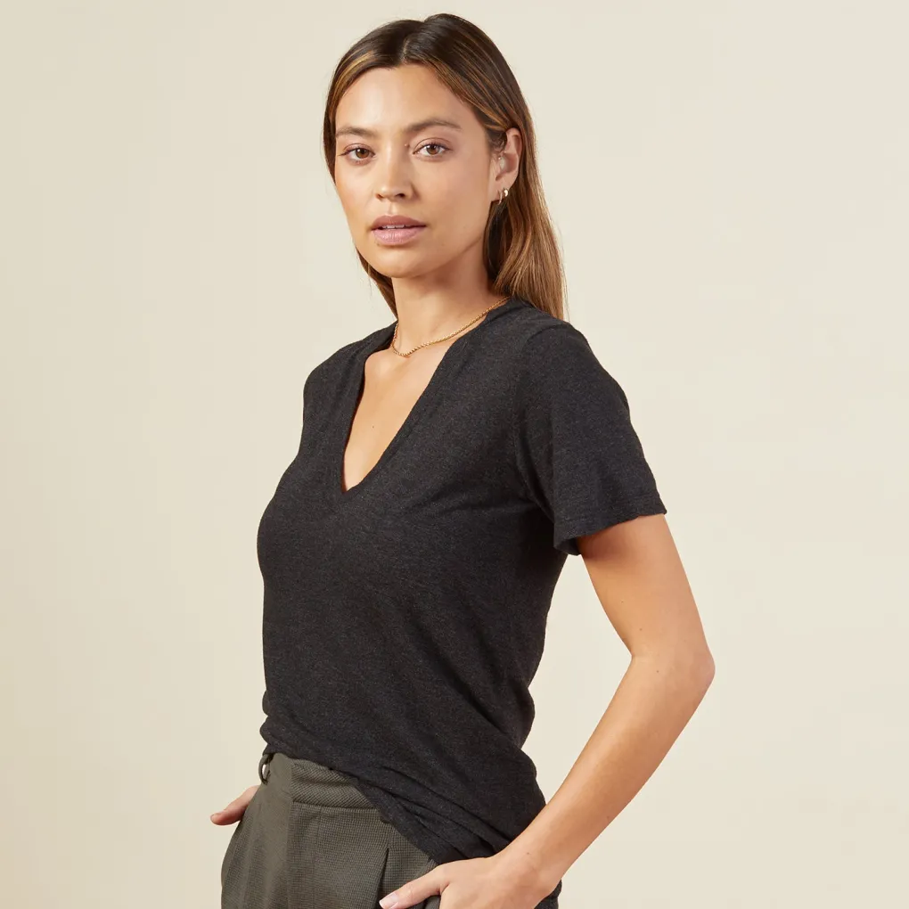 Tees*MONROW Texured Tri Blended Fitted V Neck Tee - BLACK