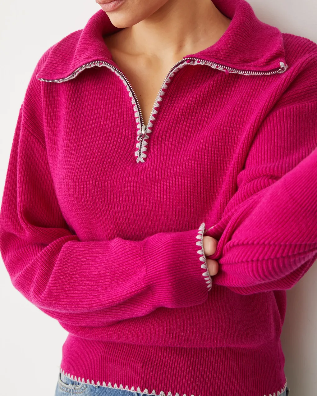 Sweaters*MONROW Wool Cashmere Half Zip Sweater FUCHSIA