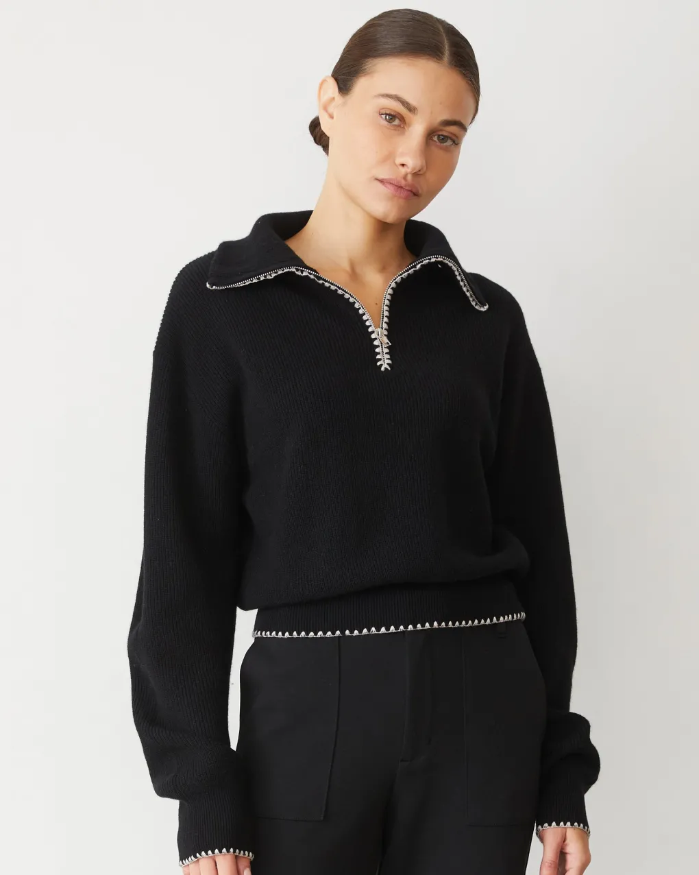 Sweaters*MONROW Wool Cashmere Half Zip Sweater BLACK