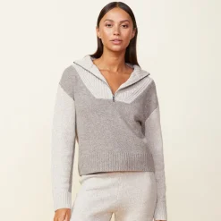 Sweaters*MONROW Wool Cashmere Marled Colorblock Half Zip Sweater GRANOLA/OATMEAL