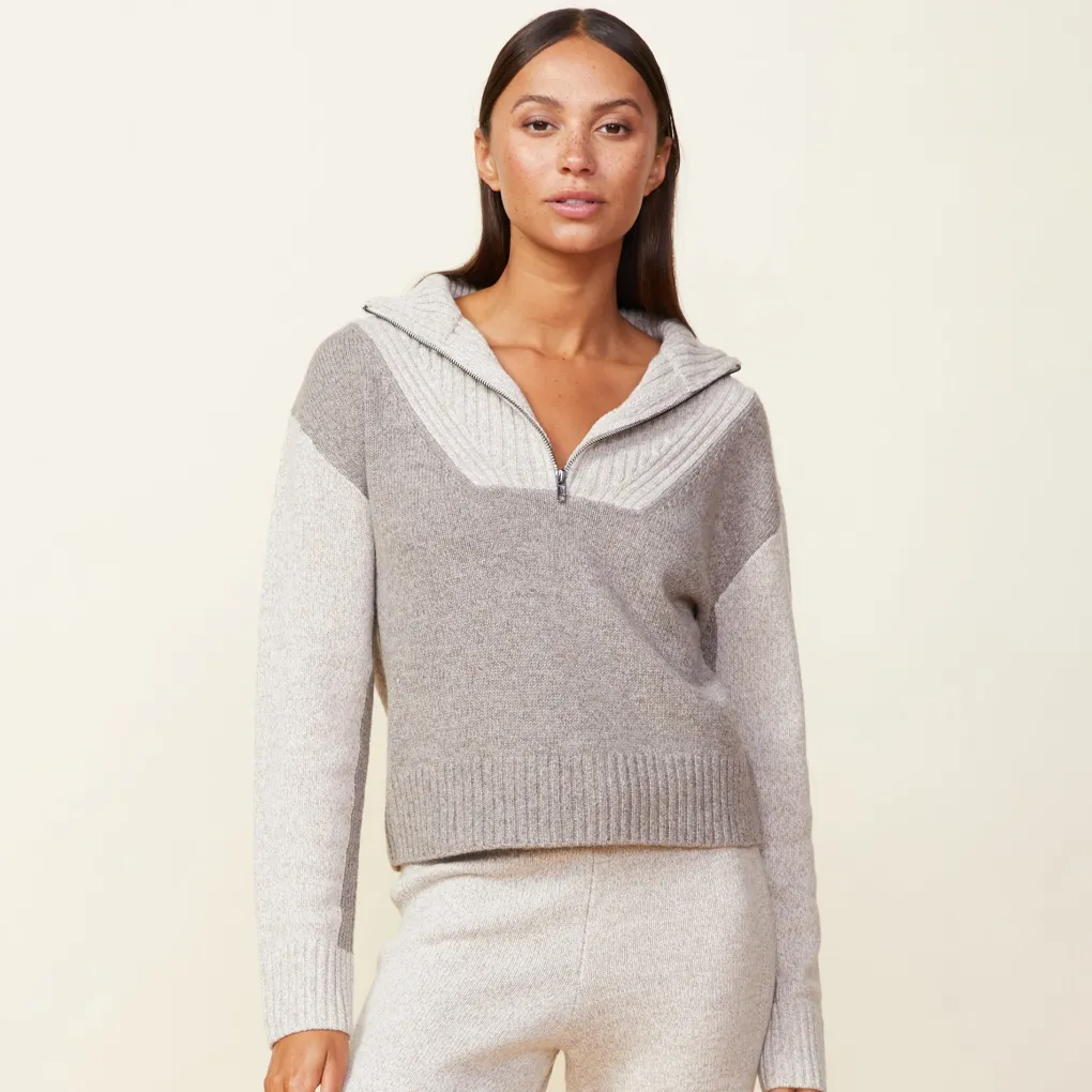 Sweaters*MONROW Wool Cashmere Marled Colorblock Half Zip Sweater GRANOLA/OATMEAL