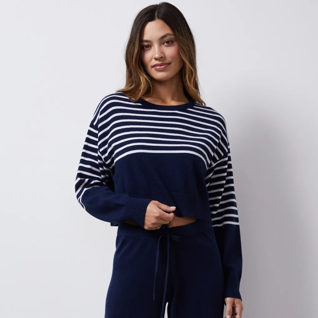 Long Sleeve*MONROW Wool Cashmere Stripe Crew Neck Sweater NAVY/IVORY