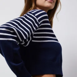 Long Sleeve*MONROW Wool Cashmere Stripe Crew Neck Sweater NAVY/IVORY
