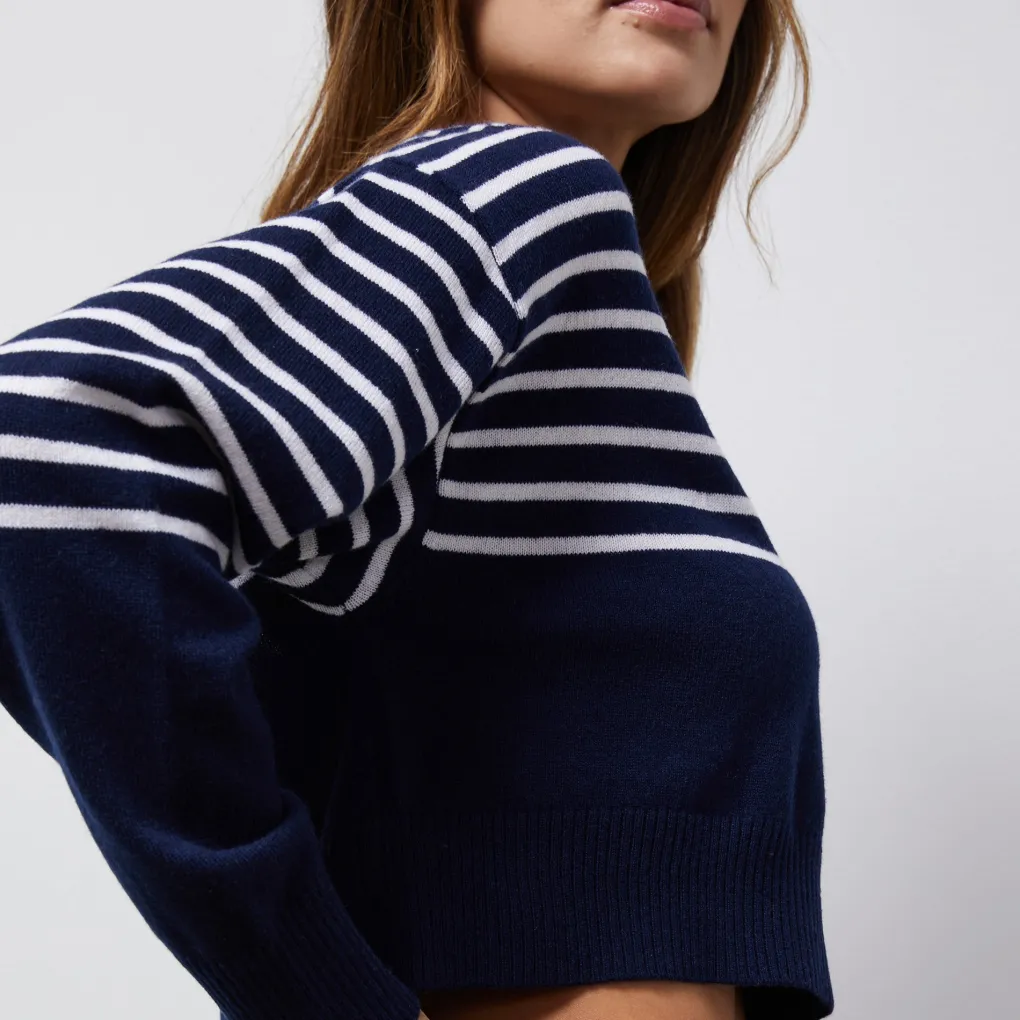 Long Sleeve*MONROW Wool Cashmere Stripe Crew Neck Sweater NAVY/IVORY
