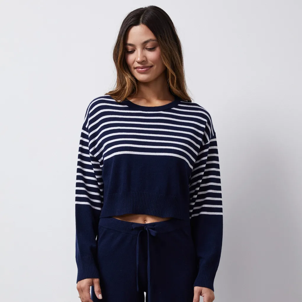 Long Sleeve*MONROW Wool Cashmere Stripe Crew Neck Sweater NAVY/IVORY