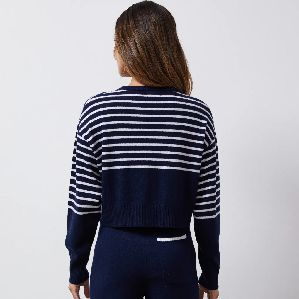 Long Sleeve*MONROW Wool Cashmere Stripe Crew Neck Sweater NAVY/IVORY
