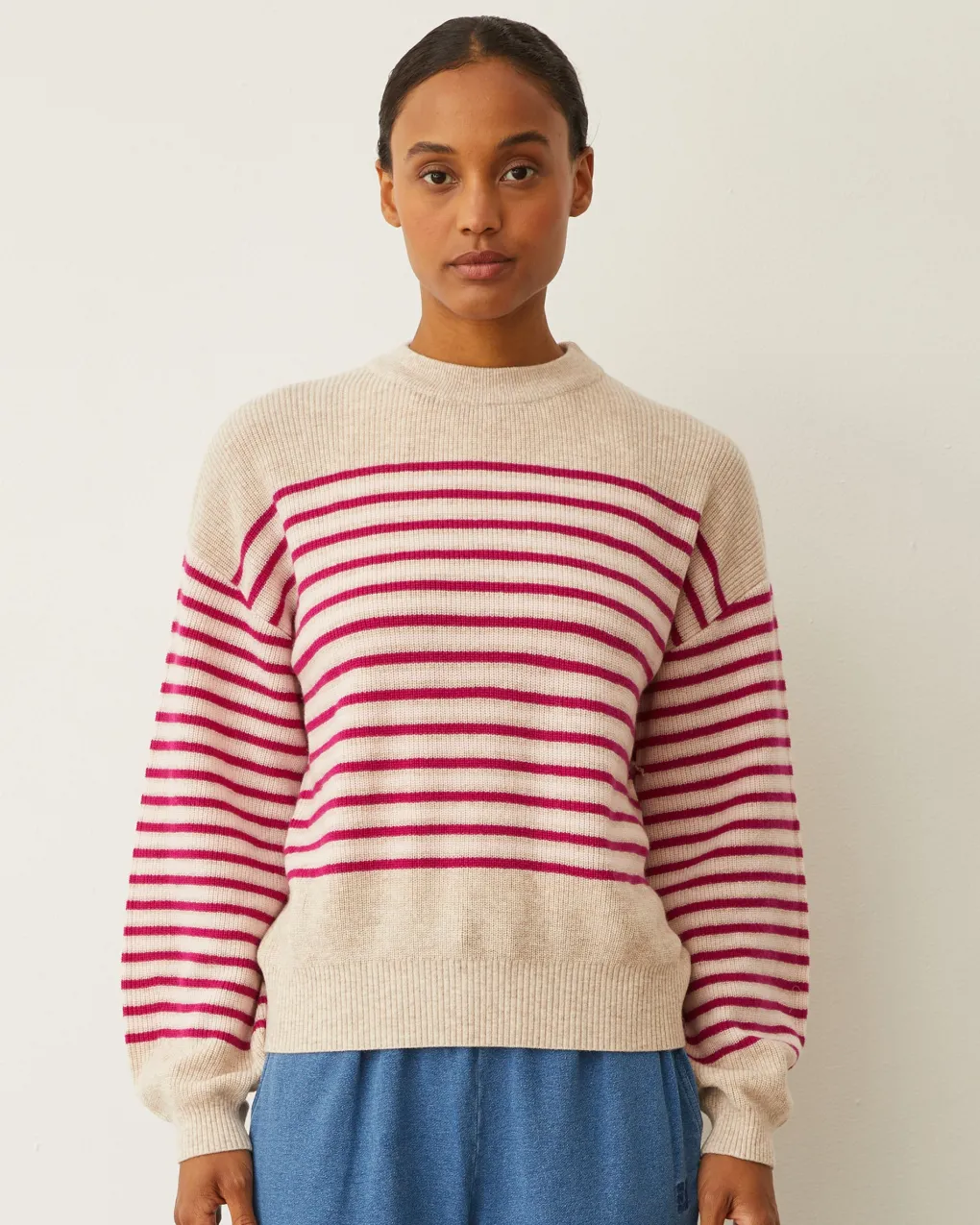 Sweaters*MONROW Wool Cashmere Stripe Sweater OATMEAL/FUCHSIASTRIPE
