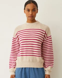 Sweaters*MONROW Wool Cashmere Stripe Sweater OATMEAL/FUCHSIASTRIPE