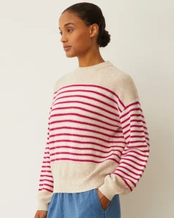 Sweaters*MONROW Wool Cashmere Stripe Sweater OATMEAL/FUCHSIASTRIPE