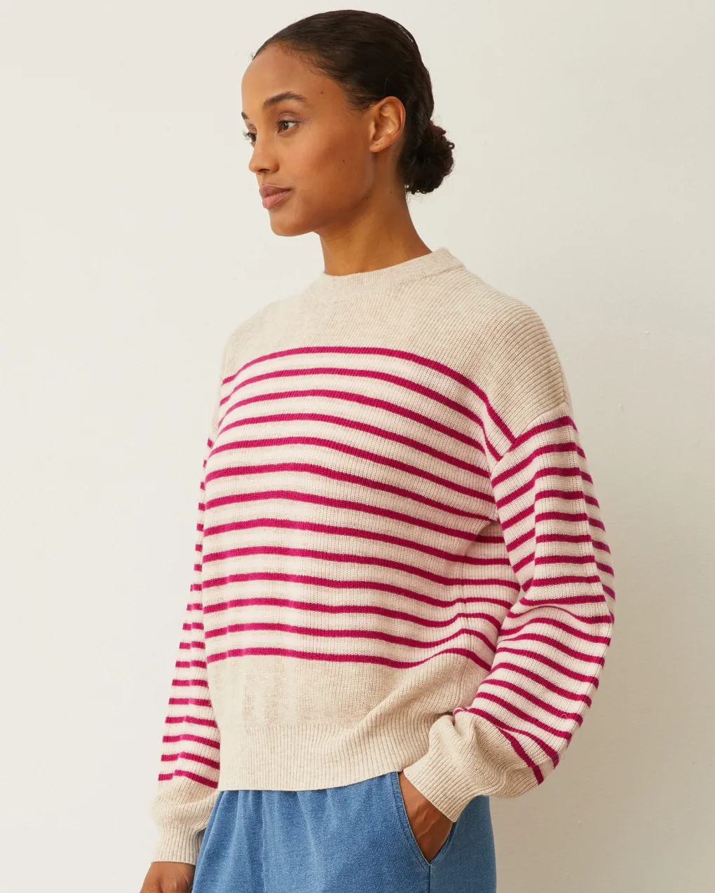 Sweaters*MONROW Wool Cashmere Stripe Sweater OATMEAL/FUCHSIASTRIPE